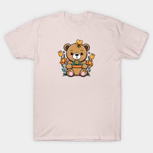 Kawaii Bear Sitting in Flowers T-Shirt